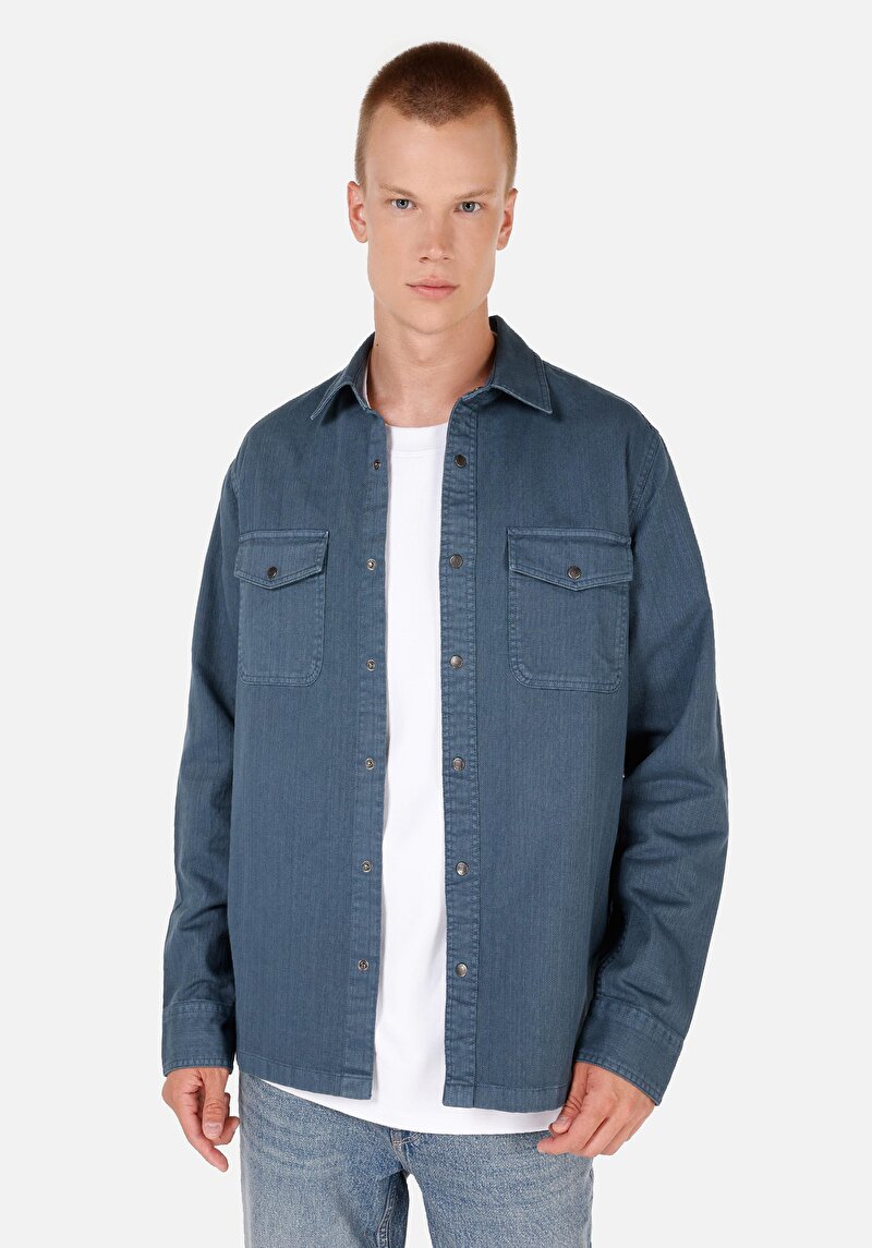 Imagine a Cămașă Comfort Fit Decolteu Drept Cămașă Albastră Manșon Lung Pentru Bărbați