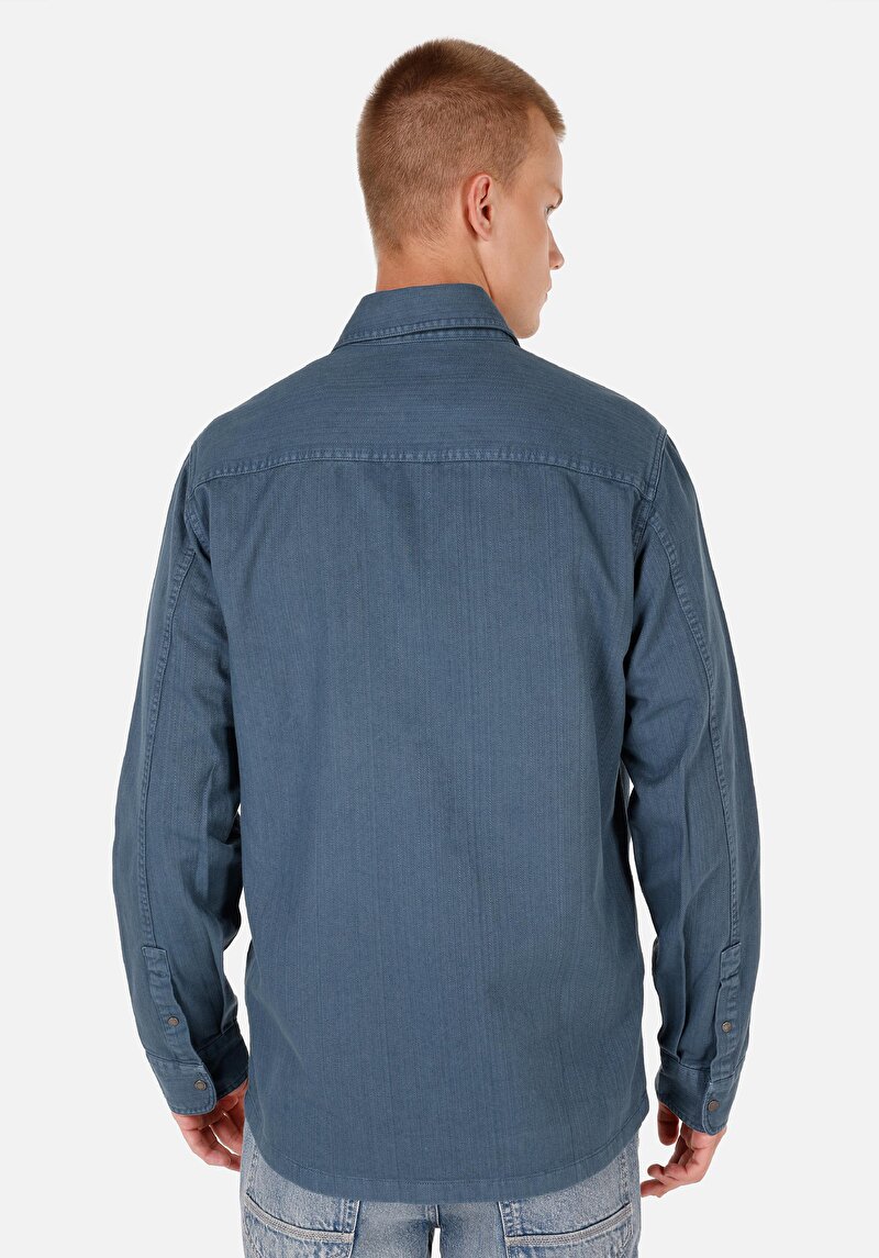 Imagine a Cămașă Comfort Fit Decolteu Drept Cămașă Albastră Manșon Lung Pentru Bărbați