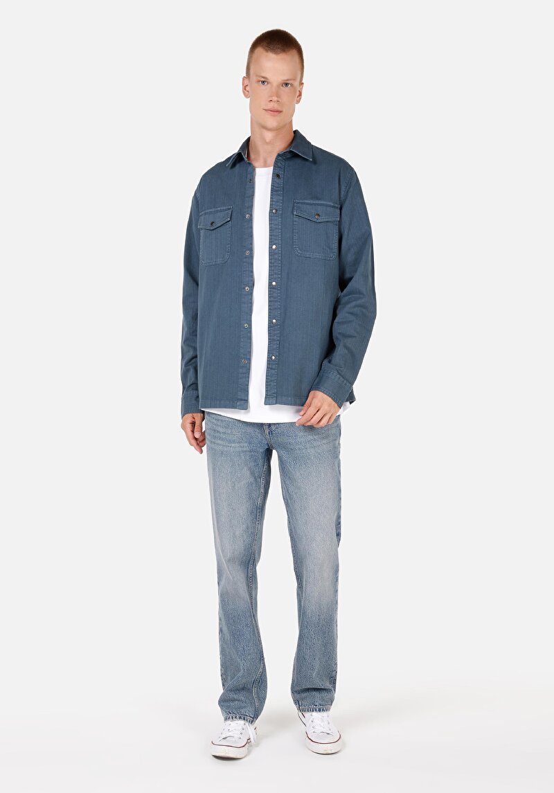 Imagine a Cămașă Comfort Fit Decolteu Drept Cămașă Albastră Manșon Lung Pentru Bărbați