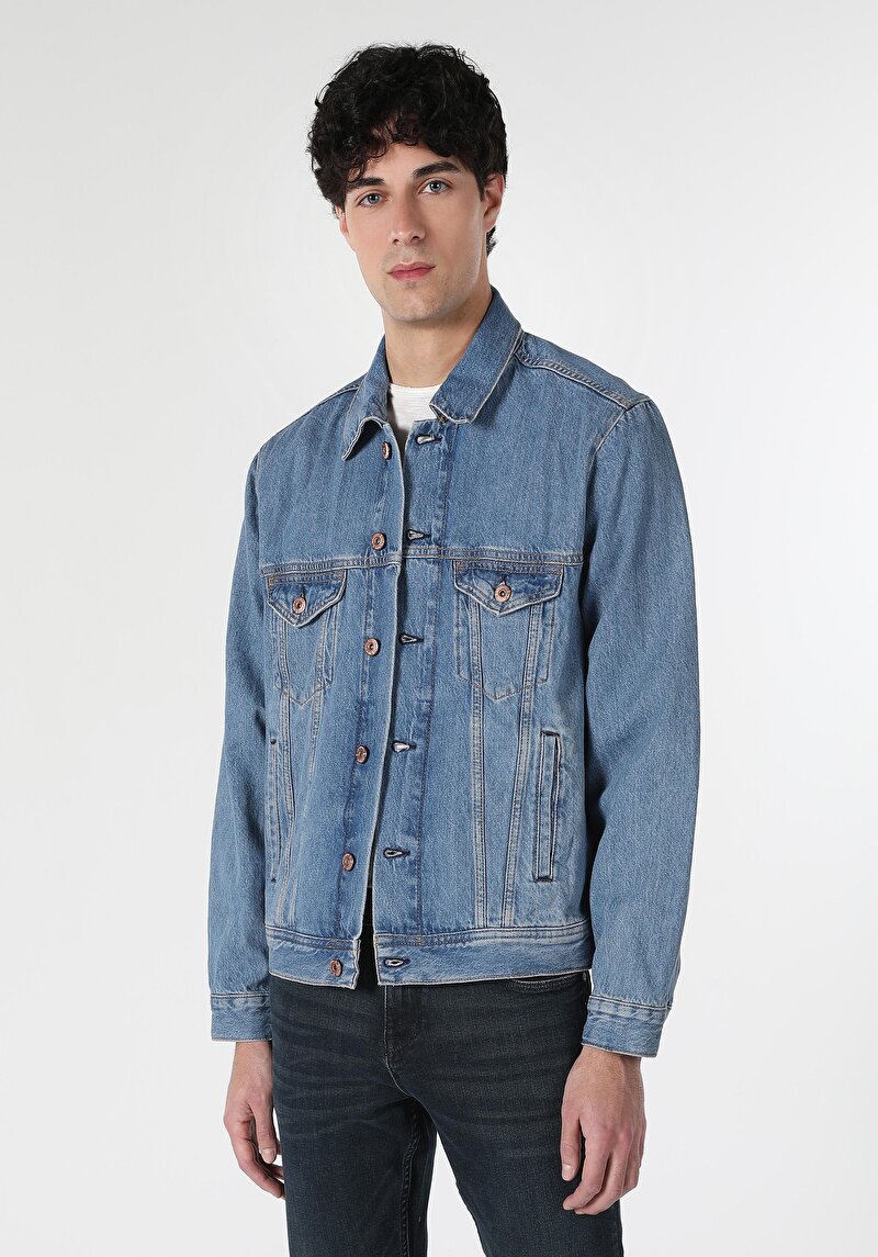 Afișați detalii pentru Jachetă Albastră Pentru Bărbați Oversize Fit Cu Nasturi Și Fără Căptușeală