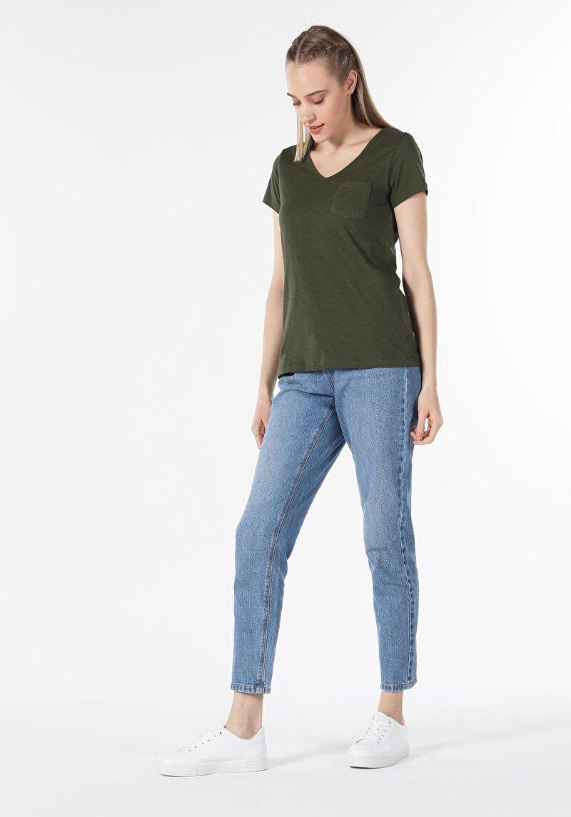 Imagine a Regular Fit V-Neck Drept Tricou Verde Manșon Scurt Pentru Femei