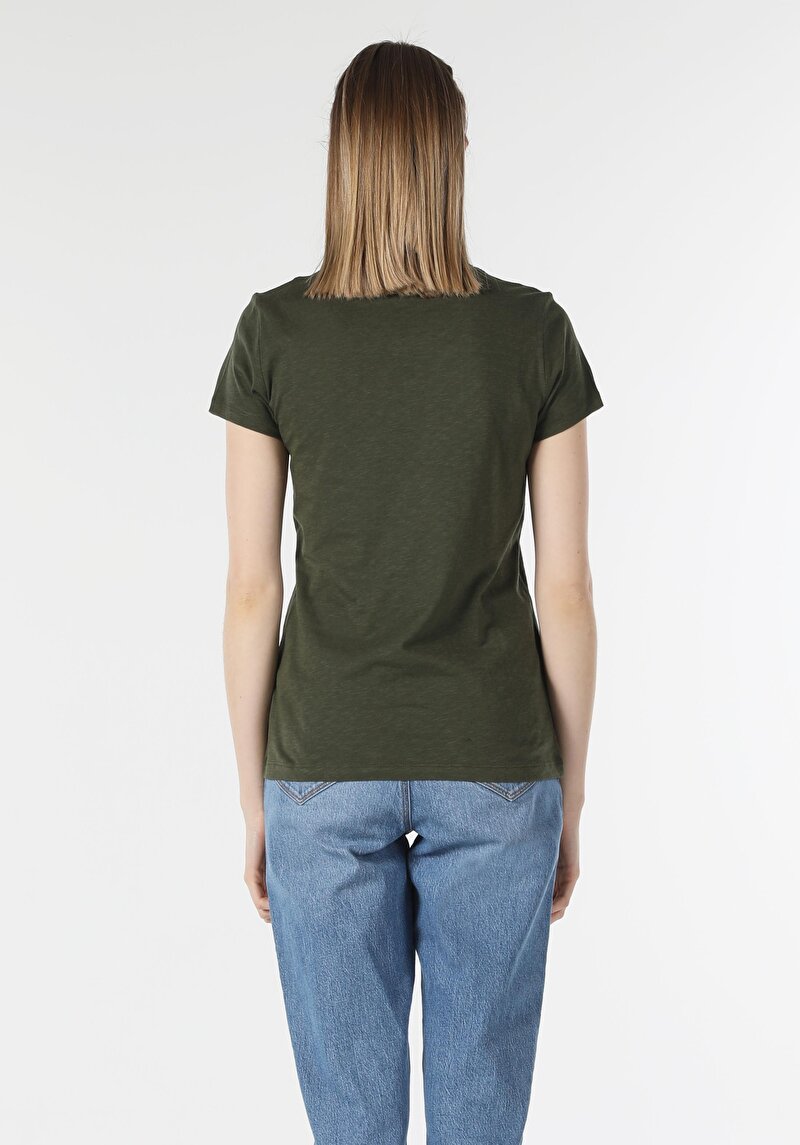 Afișați detalii pentru Regular Fit V-Neck Drept Tricou Verde Manșon Scurt Pentru Femei