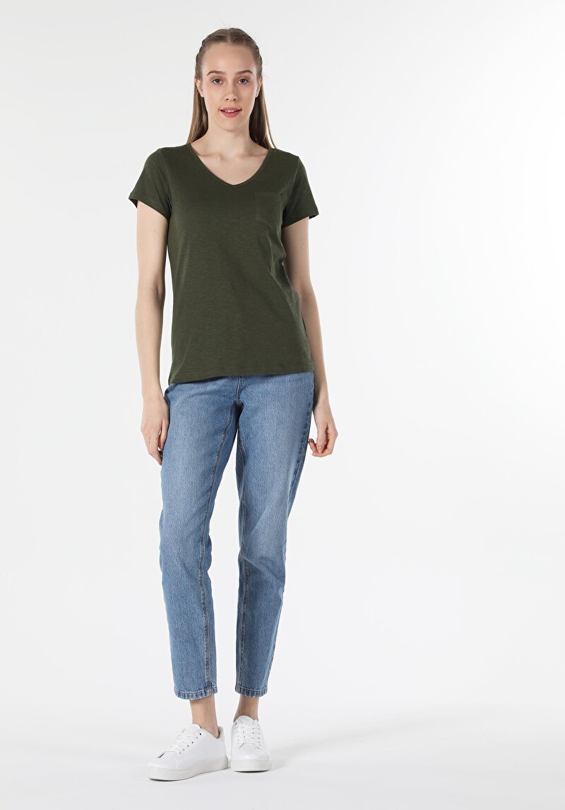 Afișați detalii pentru Regular Fit V-Neck Drept Tricou Verde Manșon Scurt Pentru Femei