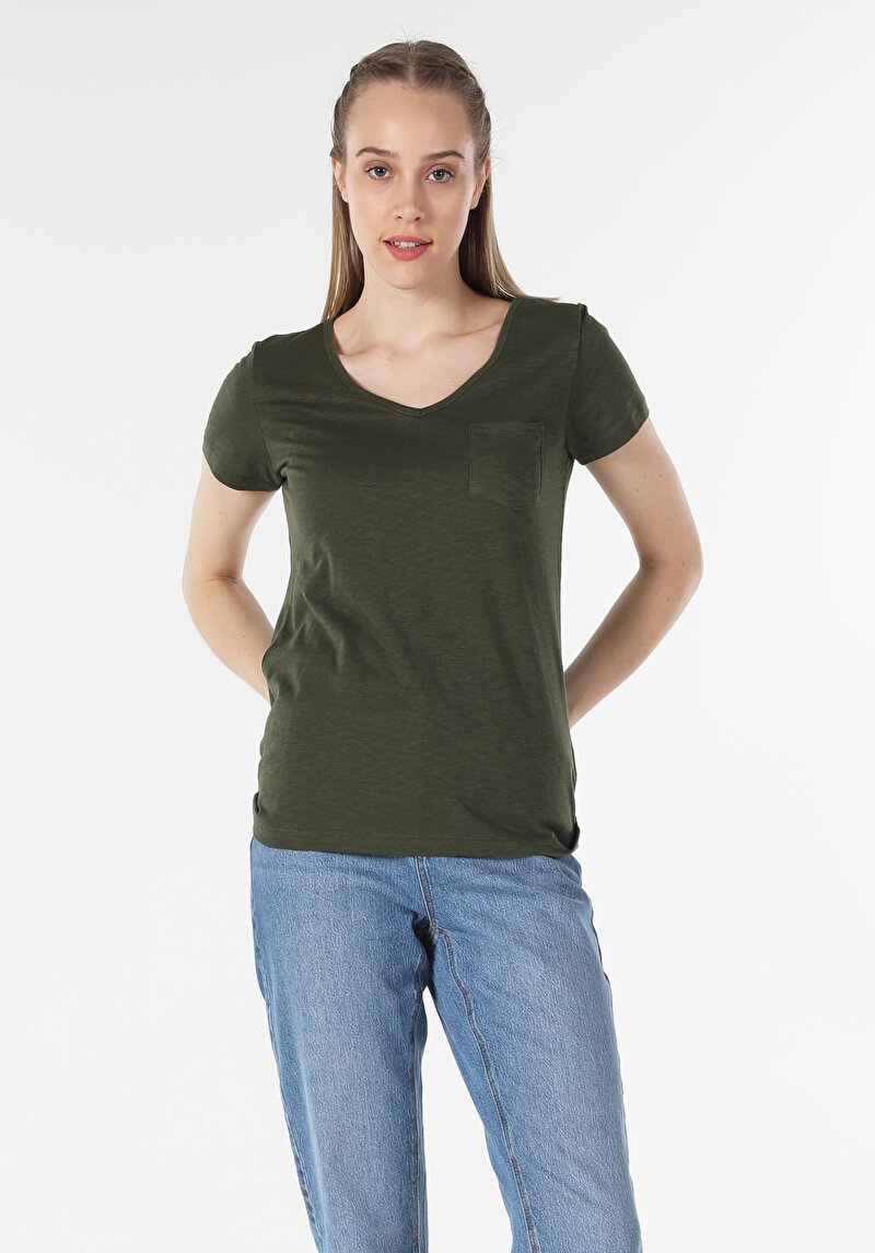 Afișați detalii pentru Regular Fit V-Neck Drept Tricou Verde Manșon Scurt Pentru Femei
