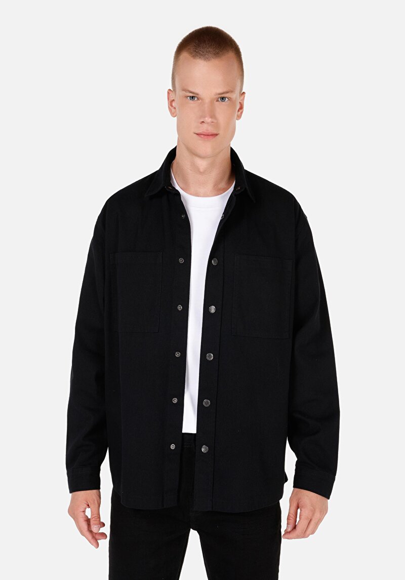 Imagine a Cămașă Comfort Fit Neck Drept Bărbați Negru Cămașă Cu Mânecă Lungă