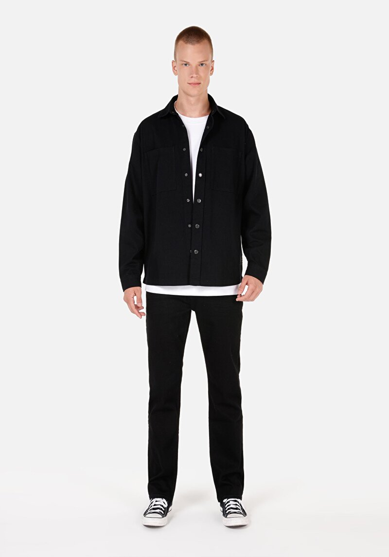 Afișați detalii pentru Cămașă Comfort Fit Neck Drept Bărbați Negru Cămașă Cu Mânecă Lungă