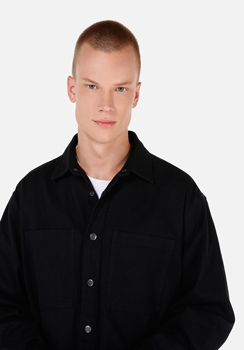 Afișați detalii pentru Cămașă Comfort Fit Neck Drept Bărbați Negru Cămașă Cu Mânecă Lungă