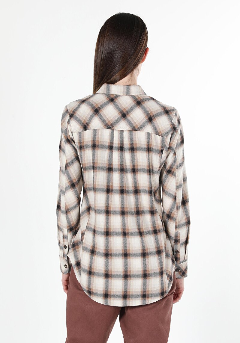 Afișați detalii pentru Cămașă Cu Gât În Carouri Cămașă Cu Mânecă Lungă Bej Pentru Femei