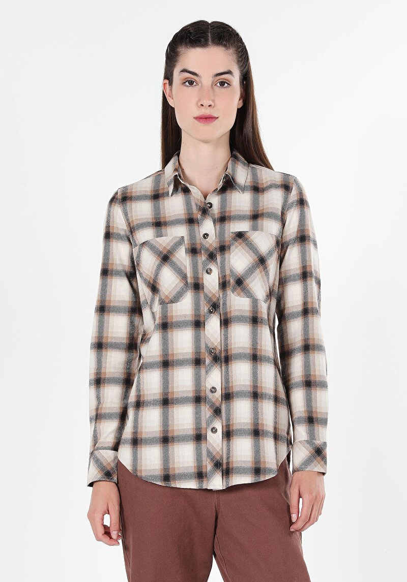 Afișați detalii pentru Cămașă Cu Gât În Carouri Cămașă Cu Mânecă Lungă Bej Pentru Femei
