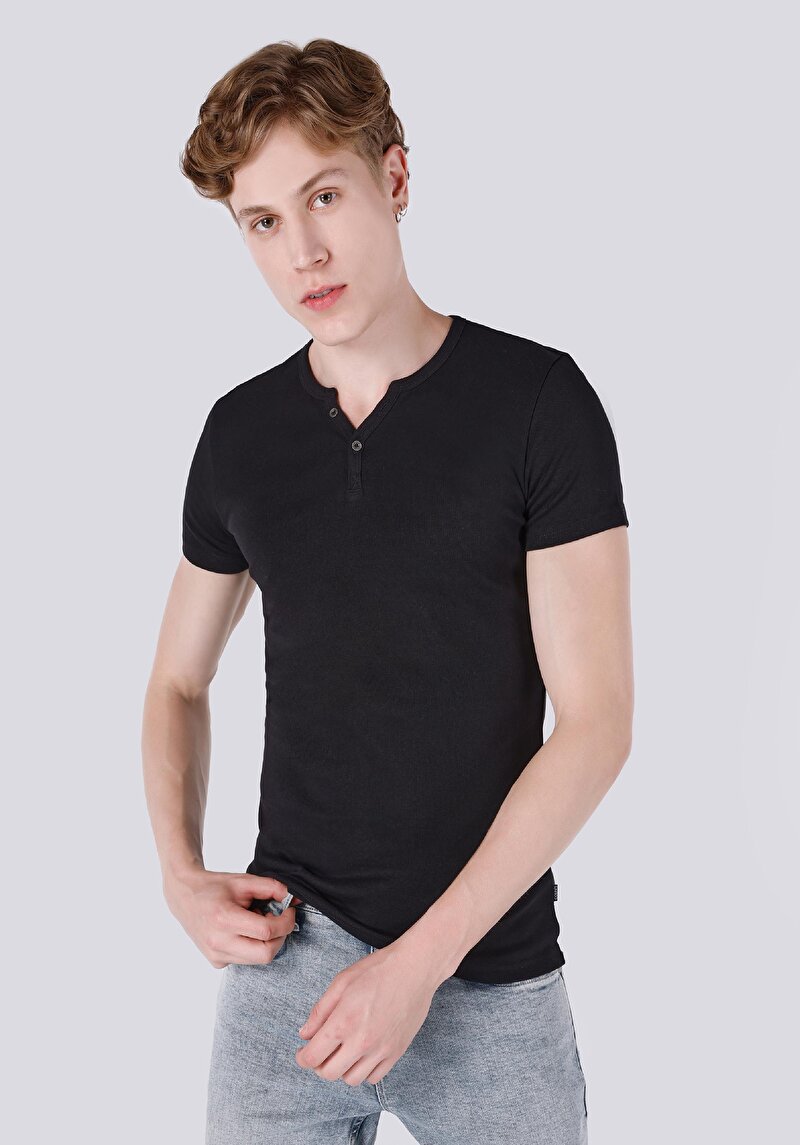 Imagine a Slim Fit Placket Neck Drept Bărbați Negru Tricou Cu Mânecă Scurtă