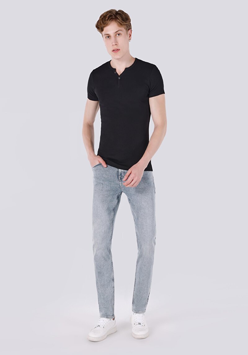 Afișați detalii pentru Slim Fit Placket Neck Drept Bărbați Negru Tricou Cu Mânecă Scurtă