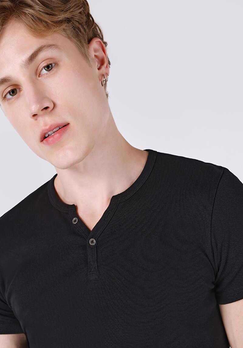 Afișați detalii pentru Slim Fit Placket Neck Drept Bărbați Negru Tricou Cu Mânecă Scurtă