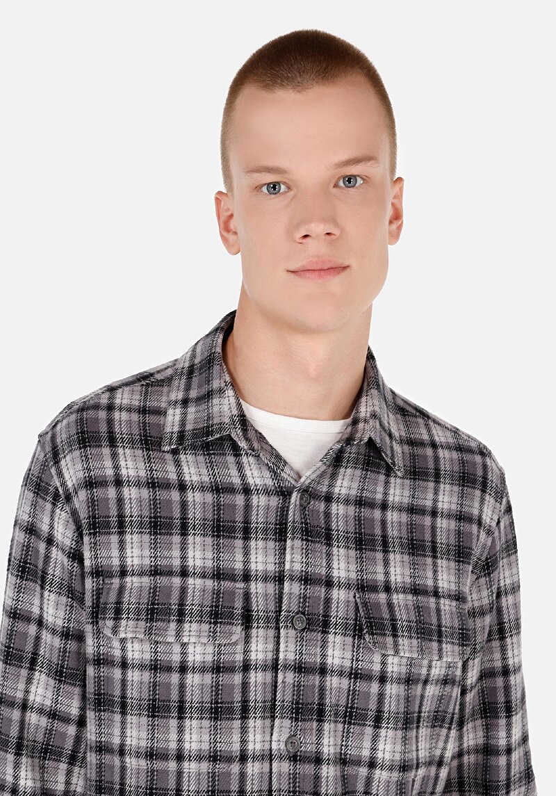 Imagine a Cămașă Cu Gât În Carouri Cămașă Gri Cu Mânecă Lungă Pentru Bărbați