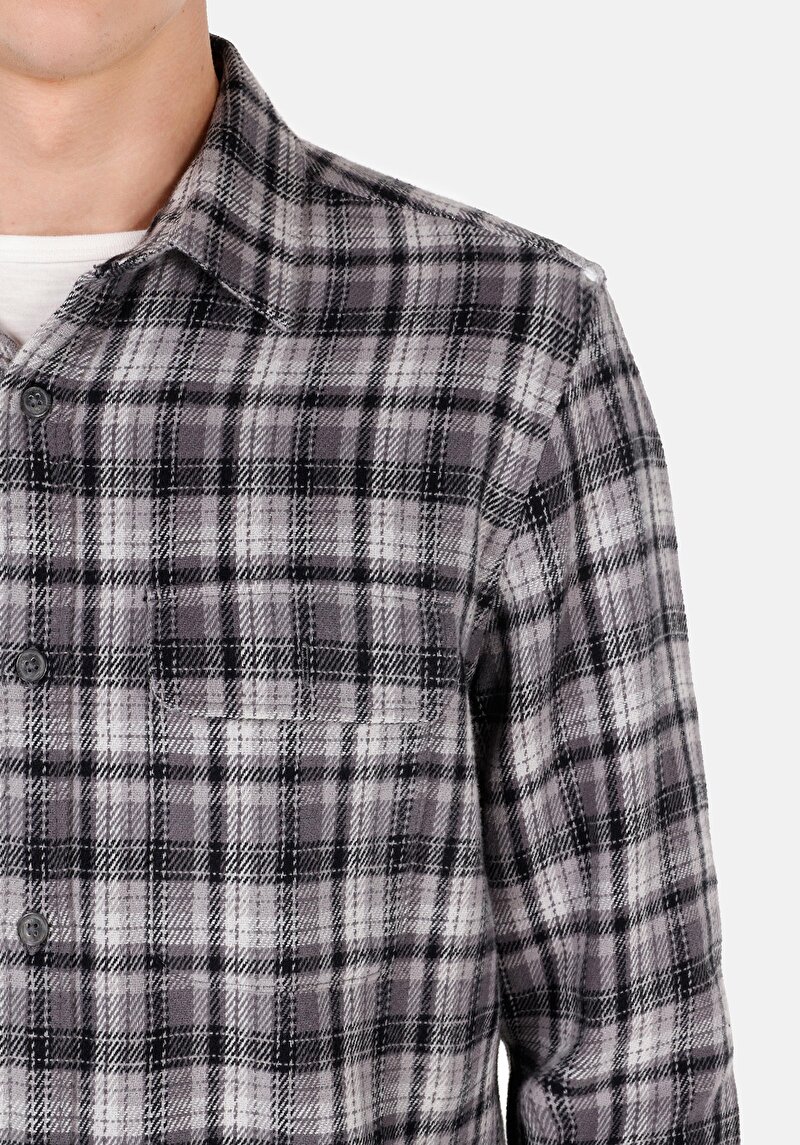 Afișați detalii pentru Cămașă Cu Gât În Carouri Cămașă Gri Cu Mânecă Lungă Pentru Bărbați