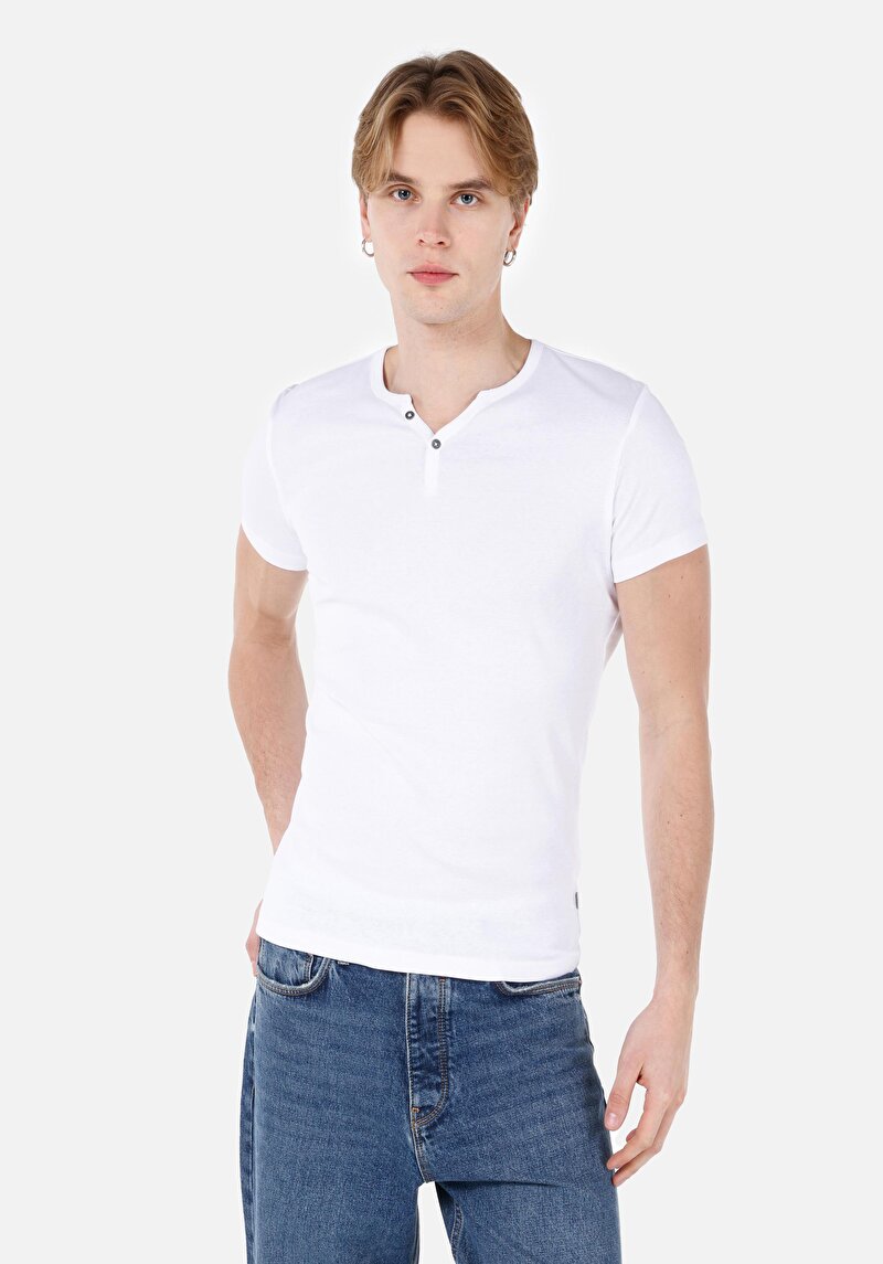 Imagine a Slim Fit Plachetă Gât Drept Bărbați Alb Mânecă Scurtă Tricou