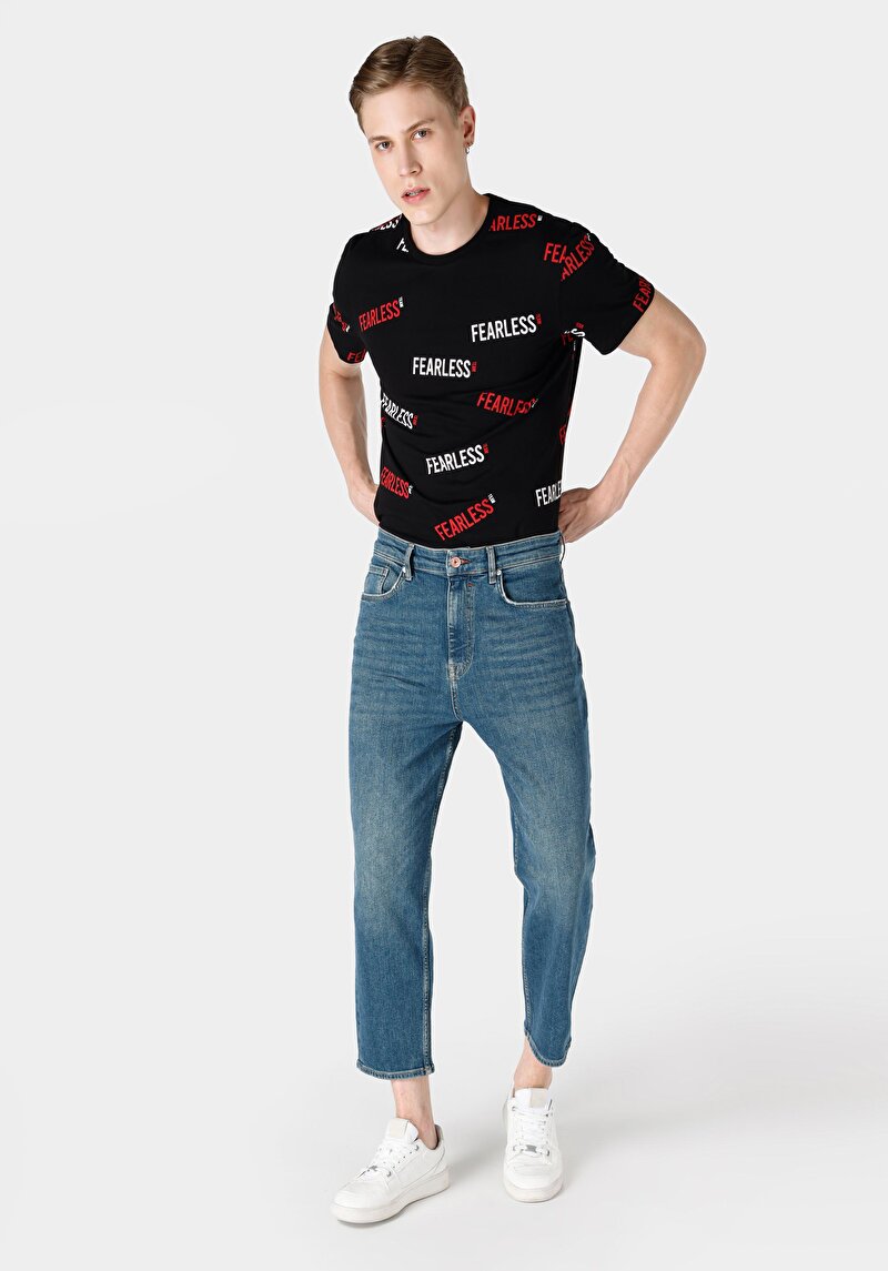 Imagine a Loose Relaxed Fit Drop Crotch Short Leg Blugi İndigo Pentru Bărbați