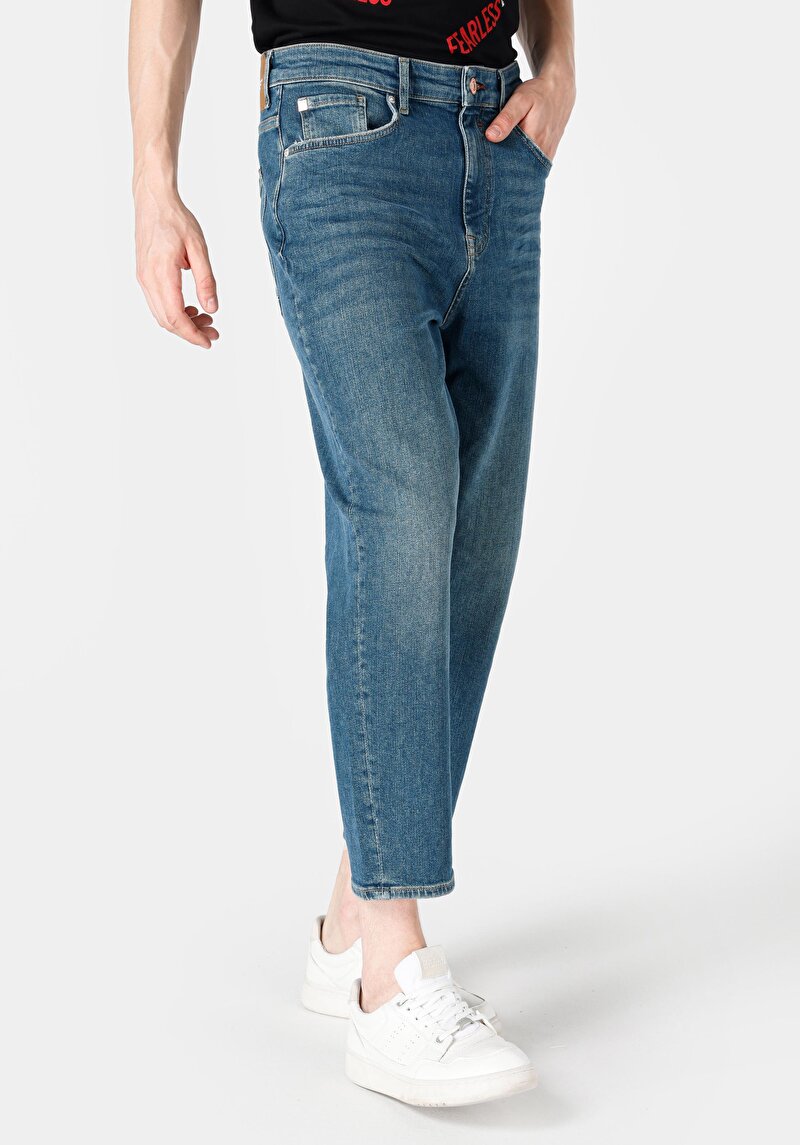 Afișați detalii pentru Loose Relaxed Fit Drop Crotch Short Leg Blugi İndigo Pentru Bărbați