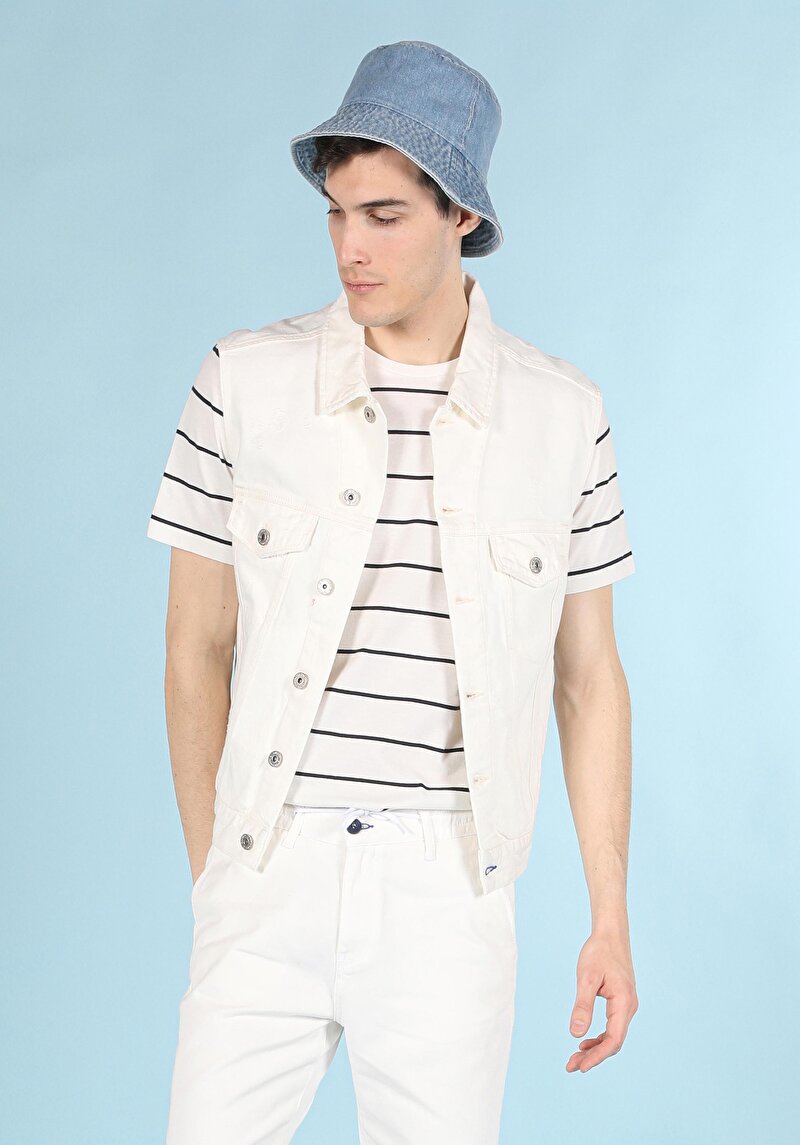 Afișați detalii pentru Vestă Albă Pentru Bărbați Slim Fit Classic Fără Căptușeală Cu Nasturi De Guler