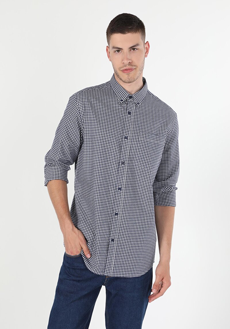 Afișați detalii pentru Cămașă Cu Gât În Carouri Cămașă Cu Mânecă Lungă Bleumarin Pentru Bărbați