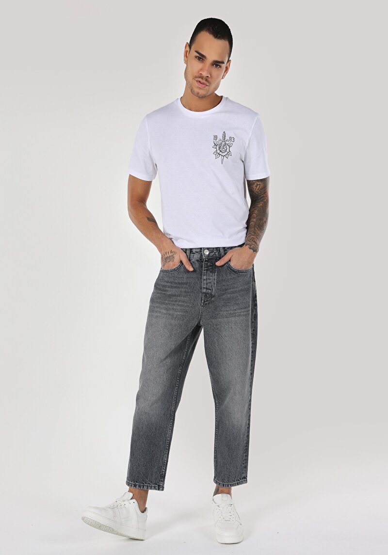 Imagine a Loose Relaxed Fit Drop Crotch Short Leg Blugi Gri Pentru Bărbați