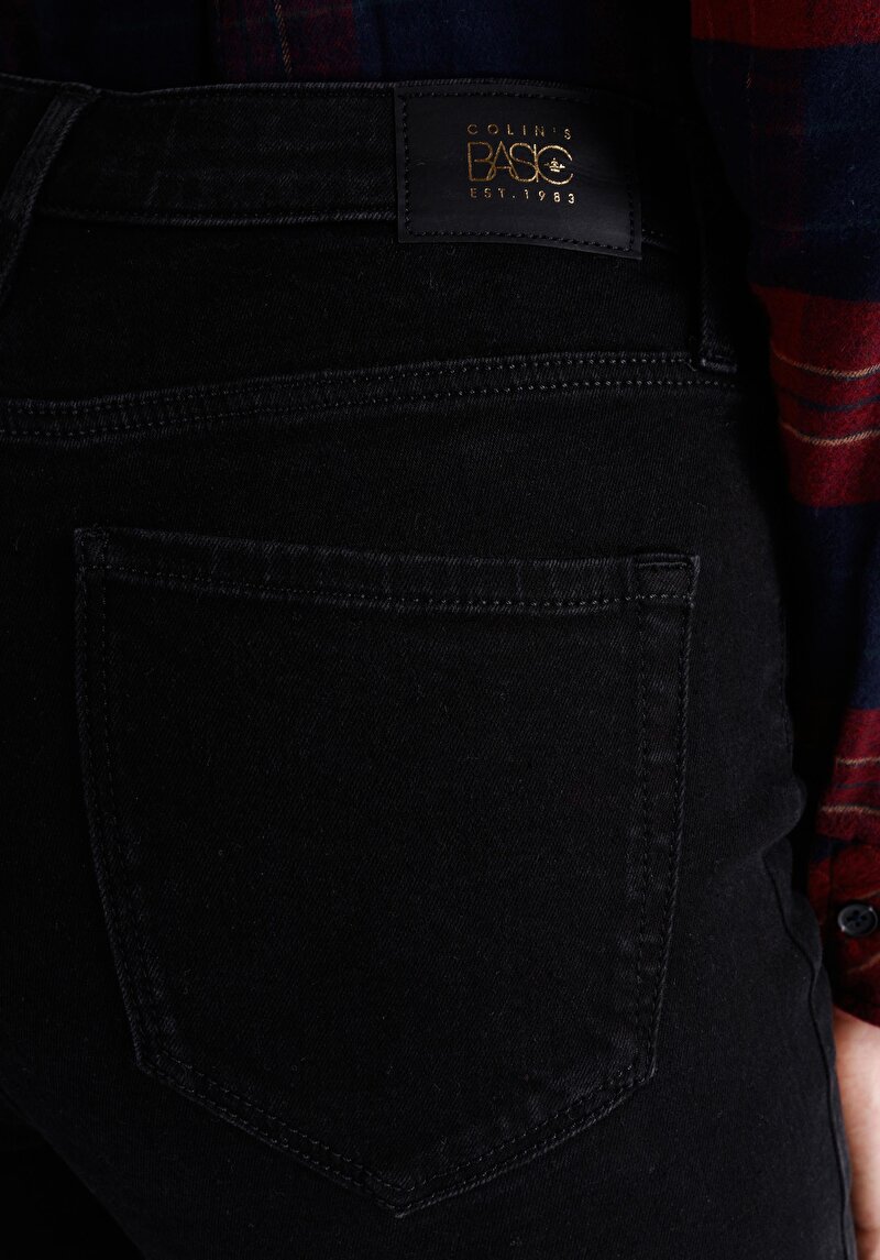 Afișați detalii pentru Slim Fit Mid Waist Straight Leg Blugi Negri Pentru Femei