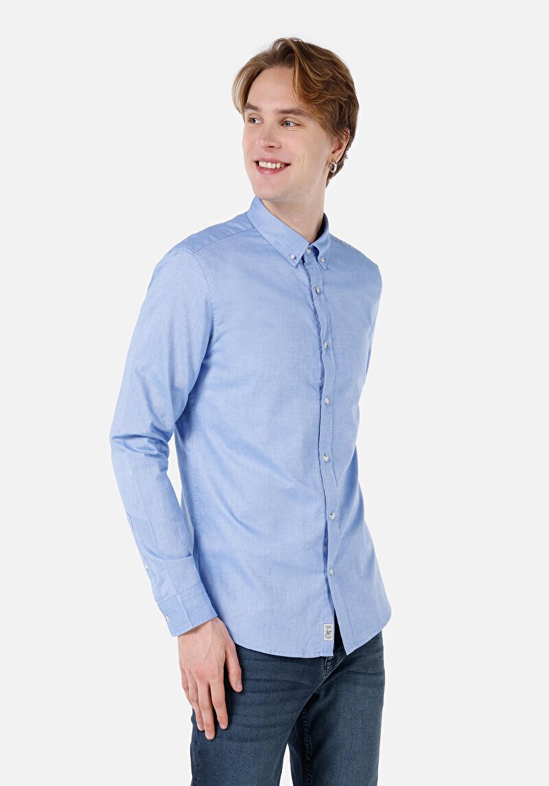 Imagine a Cămașă Slim Fit Cămașă Dreaptă Bărbați Albastru Mânecă Lungă