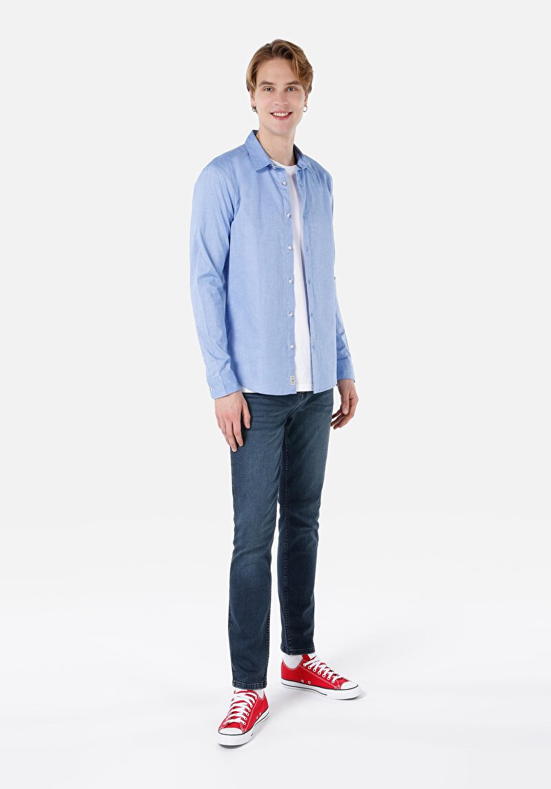 Imagine a Cămașă Slim Fit Cămașă Dreaptă Bărbați Albastru Mânecă Lungă