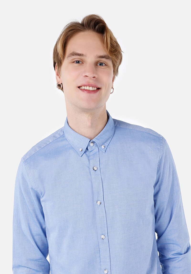 Imagine a Cămașă Slim Fit Cămașă Dreaptă Bărbați Albastru Mânecă Lungă