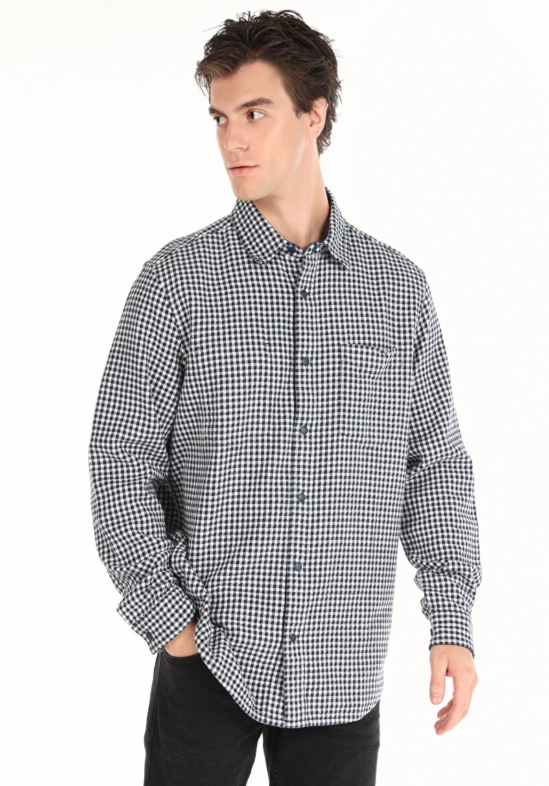 Imagine a Cămașă Comfort Fit Neck Cămașă În Carouri Pentru Bărbați Bleumarin Bleumarin Cămașă Cu Mânecă Lungă