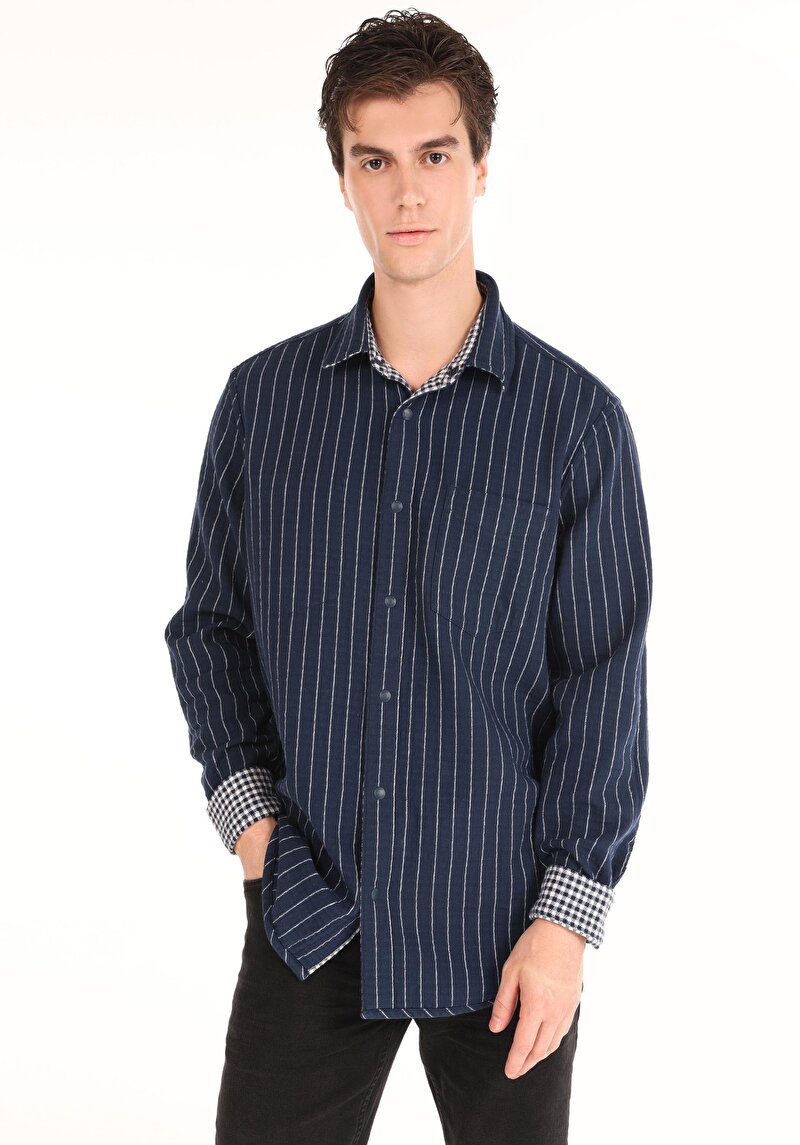 Afișați detalii pentru Cămașă Comfort Fit Neck Cămașă În Carouri Pentru Bărbați Bleumarin Bleumarin Cămașă Cu Mânecă Lungă