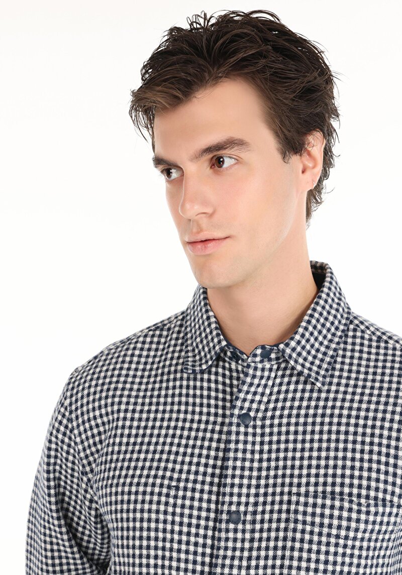 Afișați detalii pentru Cămașă Comfort Fit Neck Cămașă În Carouri Pentru Bărbați Bleumarin Bleumarin Cămașă Cu Mânecă Lungă