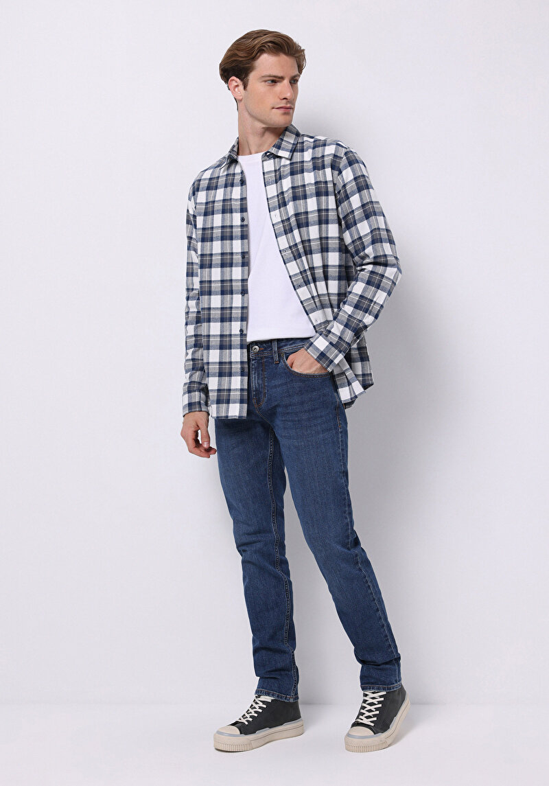 Afișați detalii pentru Cămașă Cu Gât În Carouri Cămașă Cu Mânecă Lungă Bleumarin Pentru Bărbați