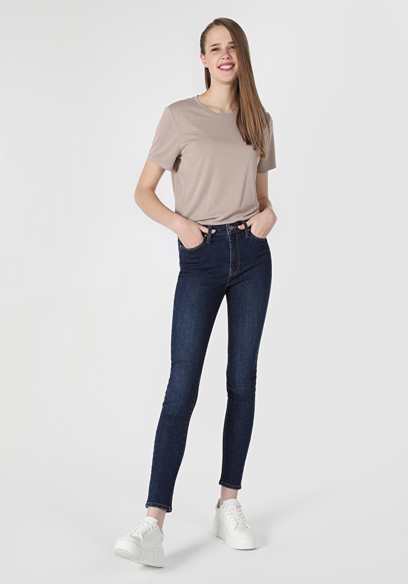 Imagine a Super Slim Fit Talie Medie Picior Îngust Blugi İndigo Închis Pentru Femei