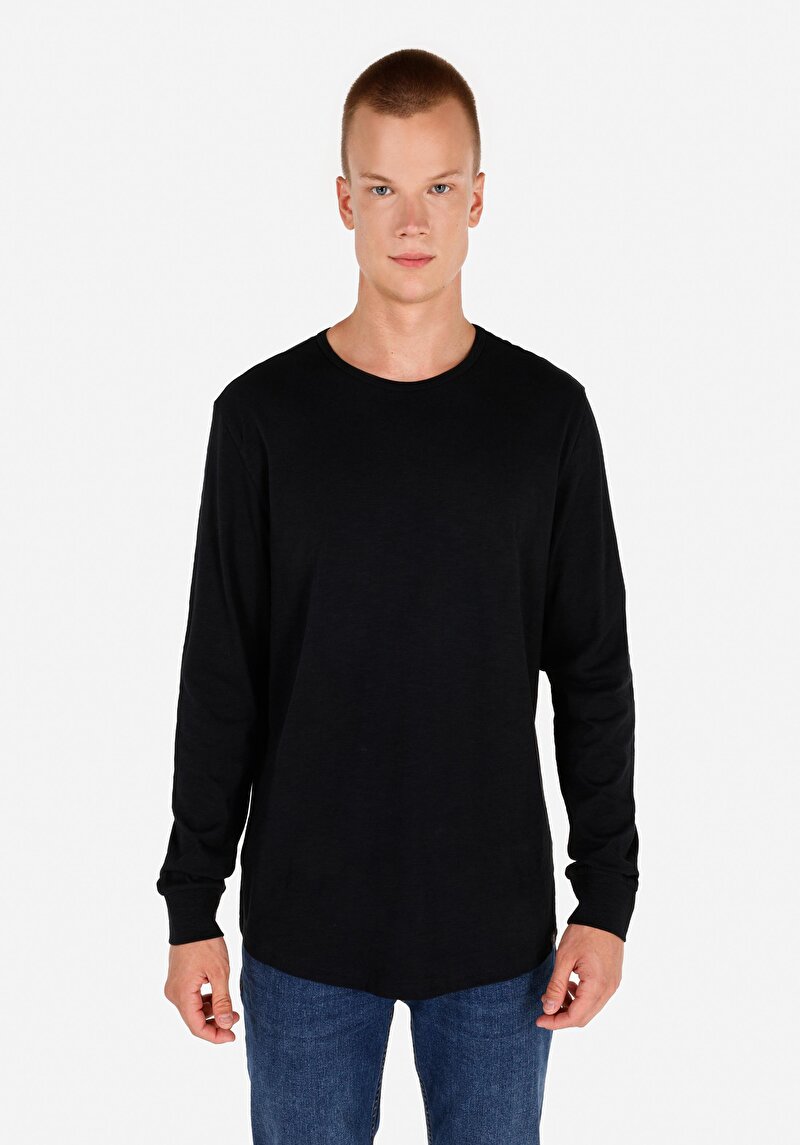 Imagine a Regular Fit Round Neck Drept Bărbați Negru Tricou Cu Mânecă Lungă