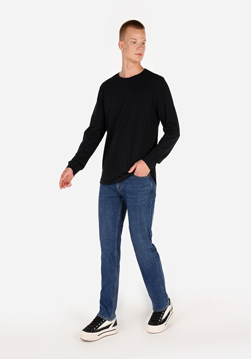 Imagine a Regular Fit Round Neck Drept Bărbați Negru Tricou Cu Mânecă Lungă