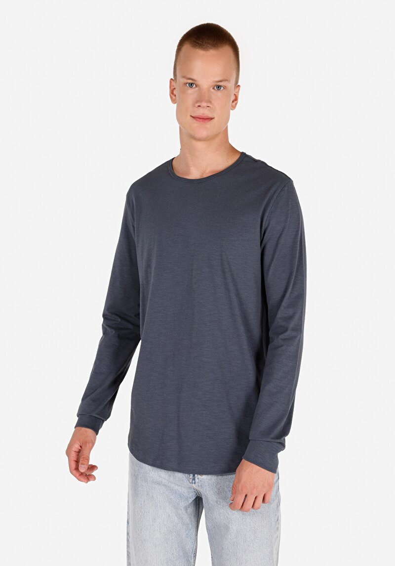 Imagine a Regular Fit Round Neck Drept Bărbați Albastru Tricou Cu Mânecă Lungă