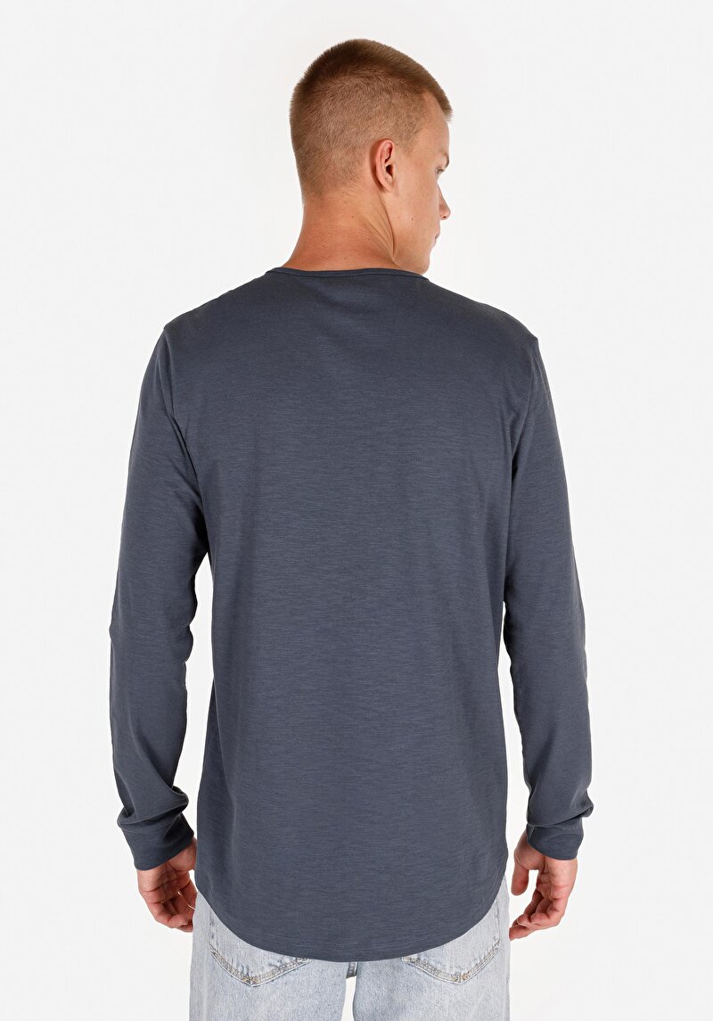 Imagine a Regular Fit Round Neck Drept Bărbați Albastru Tricou Cu Mânecă Lungă