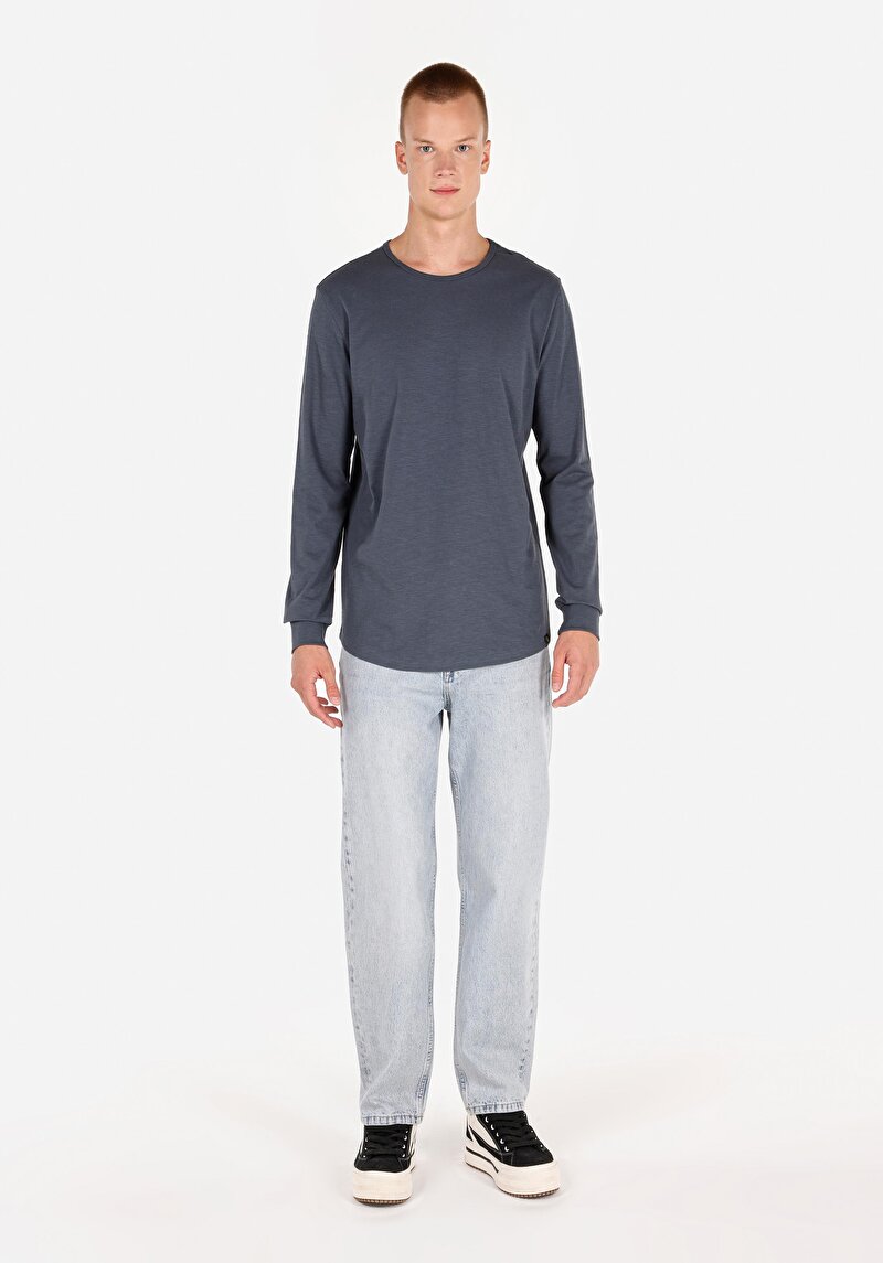 Imagine a Regular Fit Round Neck Drept Bărbați Albastru Tricou Cu Mânecă Lungă