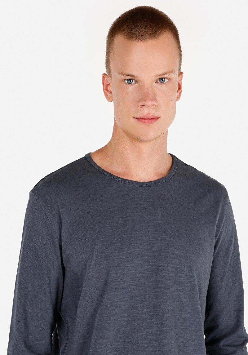 Imagine a Regular Fit Round Neck Drept Bărbați Albastru Tricou Cu Mânecă Lungă