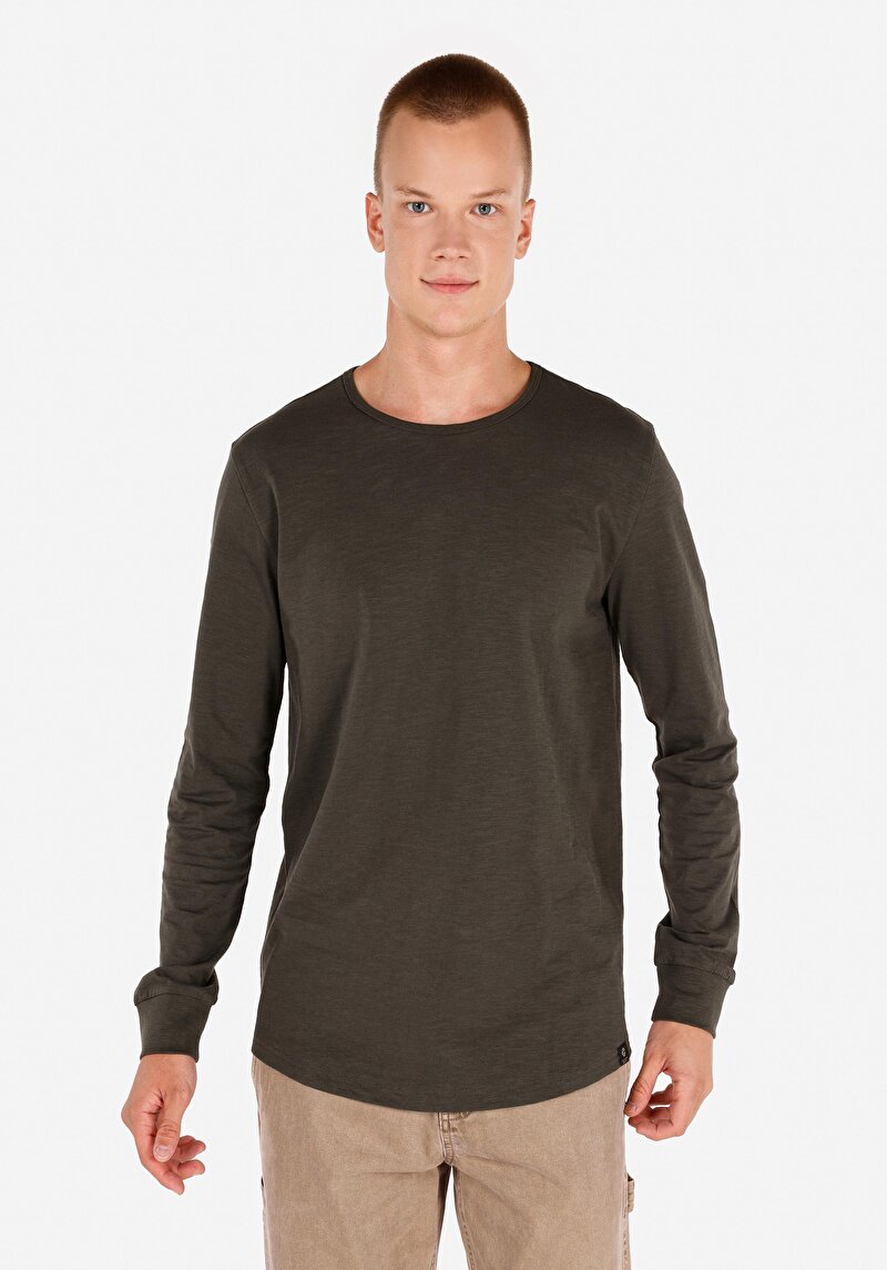 Imagine a Regular Fit Round Neck Drept Bărbați Verde Tricou Cu Mânecă Lungă