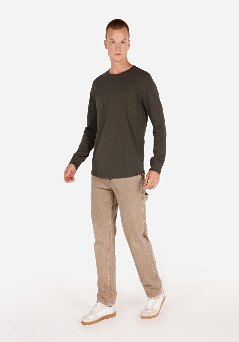 Afișați detalii pentru Regular Fit Round Neck Drept Bărbați Verde Tricou Cu Mânecă Lungă