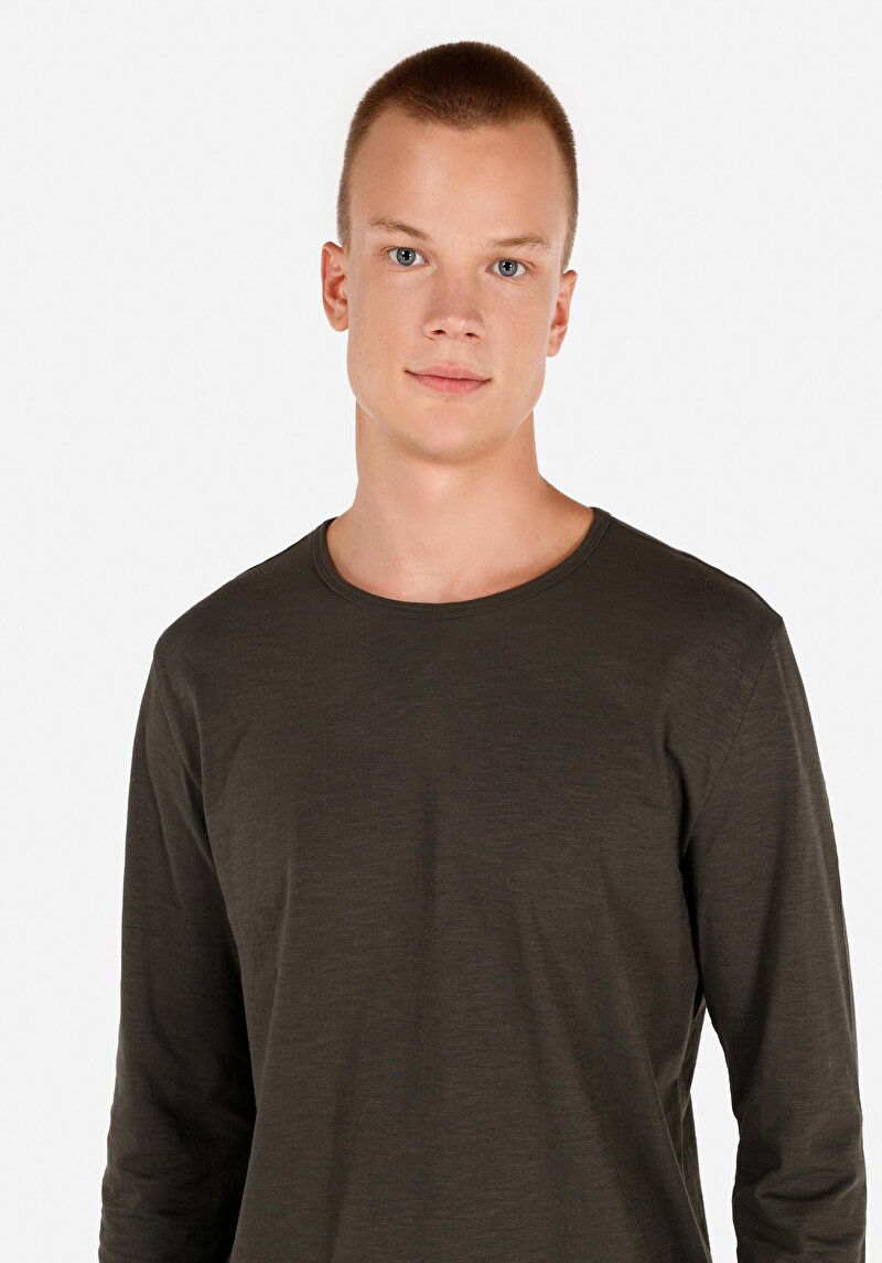 Afișați detalii pentru Regular Fit Round Neck Drept Bărbați Verde Tricou Cu Mânecă Lungă