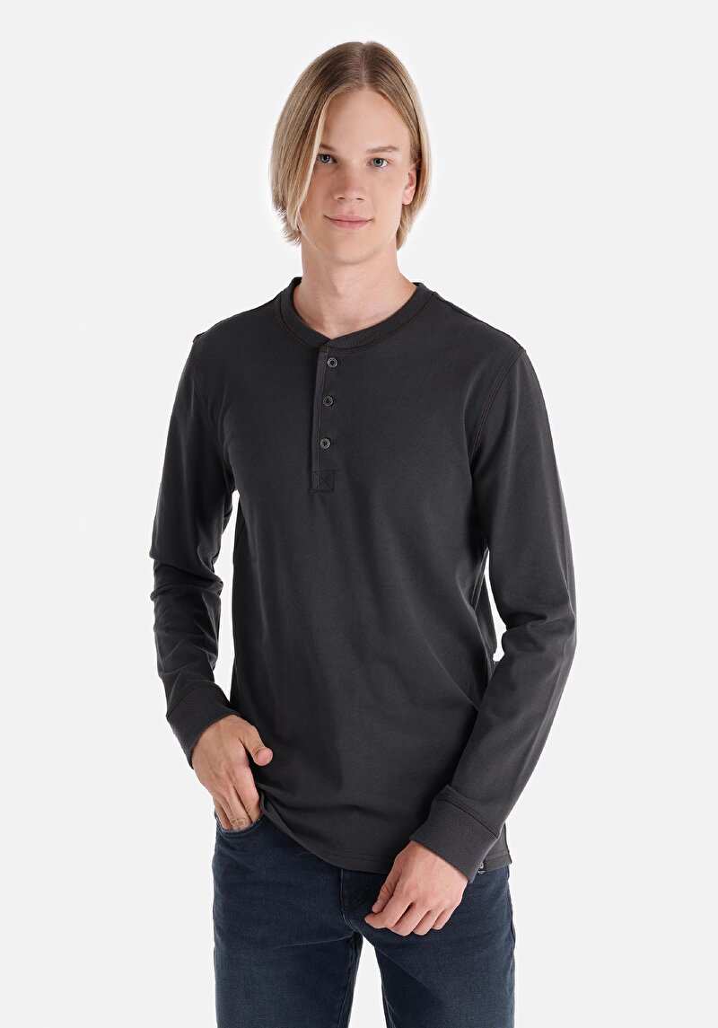 Imagine a Slim Fit Nasturi Guler Drept Bărbați Antracit Tricou Cu Manșon Lung