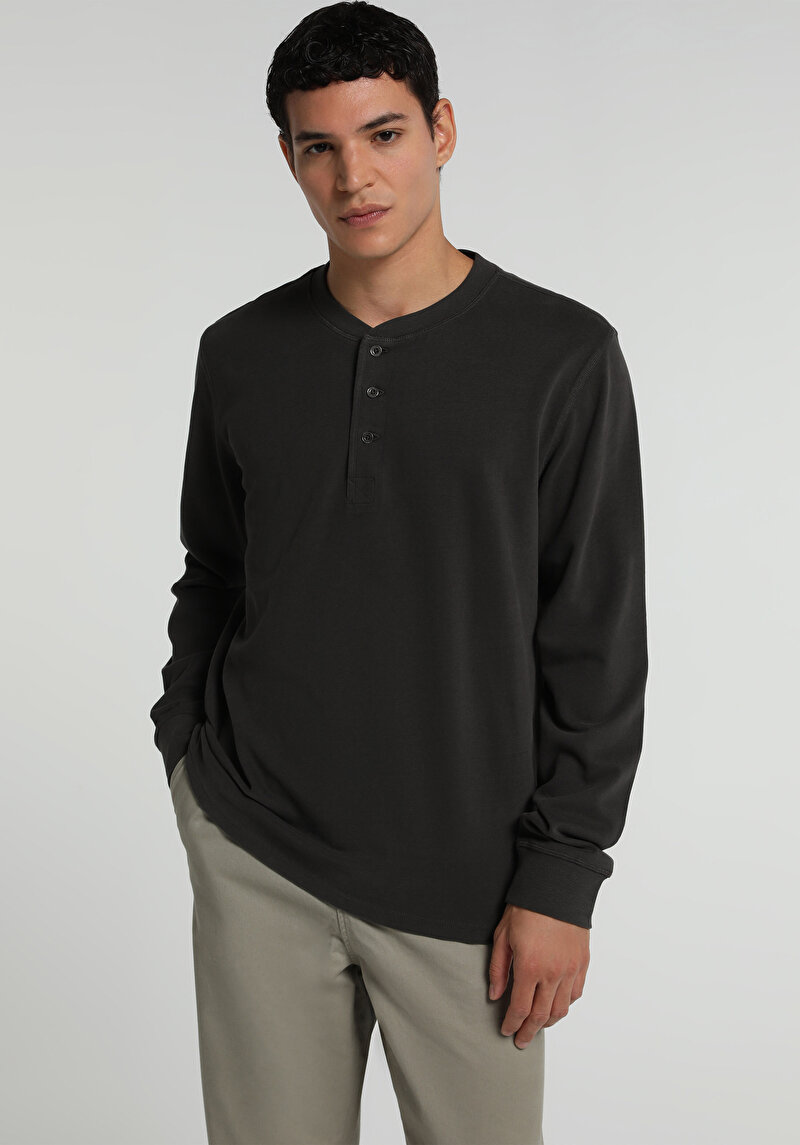 Imagine a Slim Fit Nasturi Guler Drept Bărbați Antracit Tricou Cu Manșon Lung