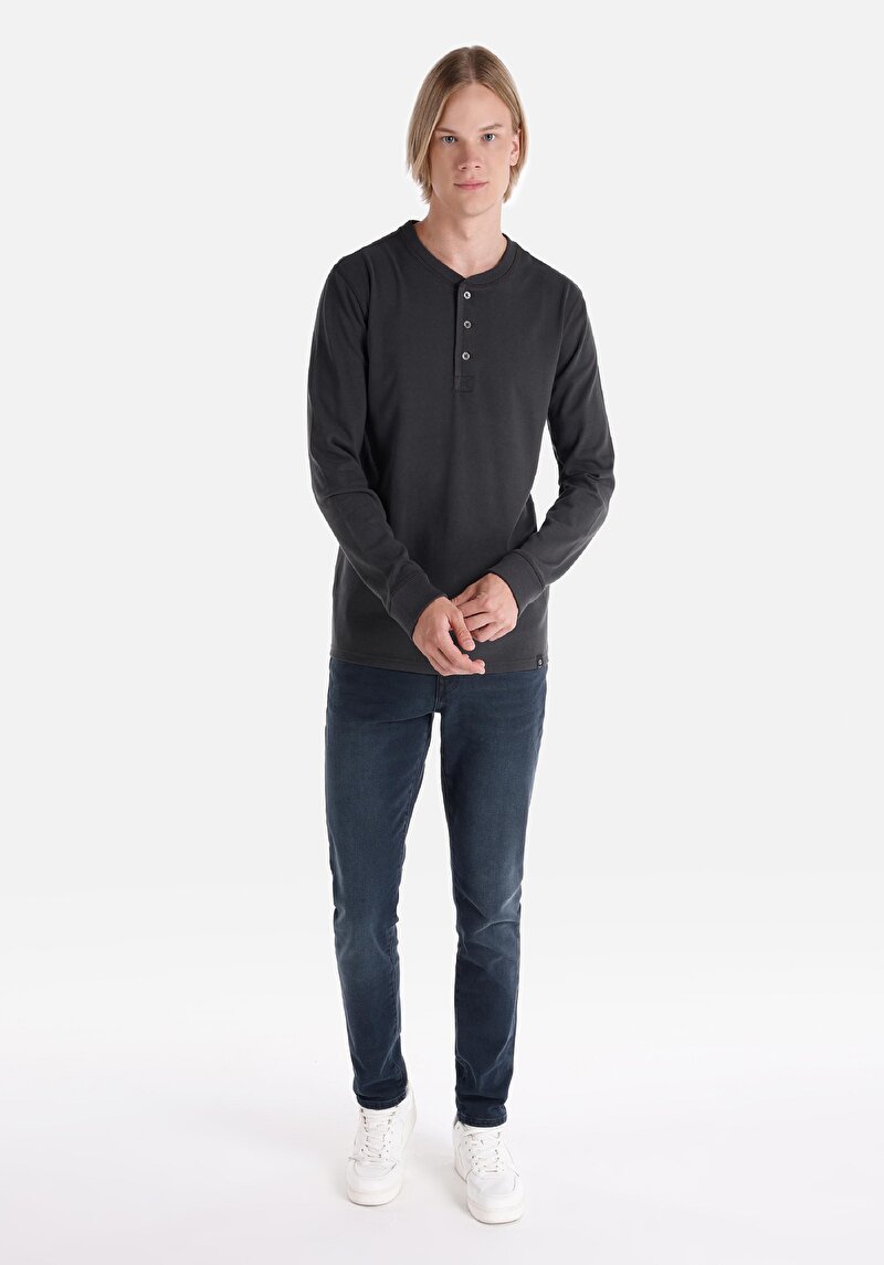 Imagine a Slim Fit Nasturi Guler Drept Bărbați Antracit Tricou Cu Manșon Lung