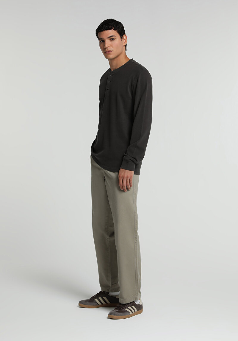 Imagine a Slim Fit Nasturi Guler Drept Bărbați Antracit Tricou Cu Manșon Lung