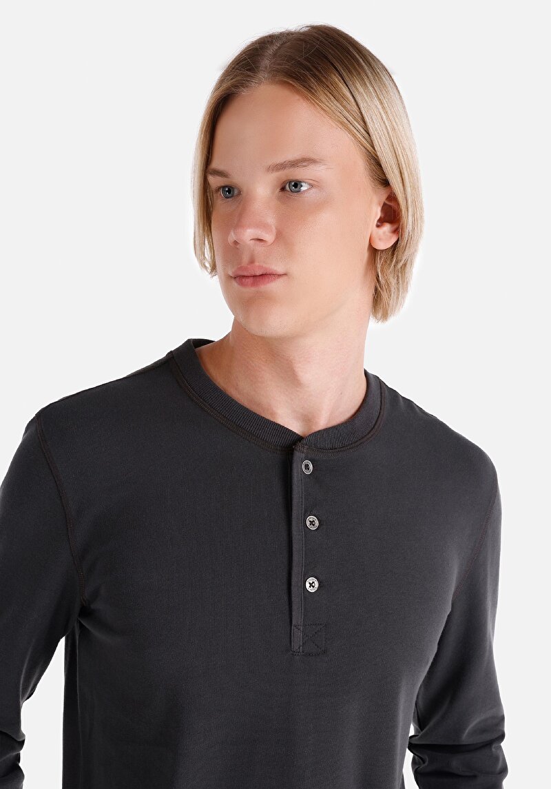 Afișați detalii pentru Slim Fit Nasturi Guler Drept Bărbați Antracit Tricou Cu Manșon Lung