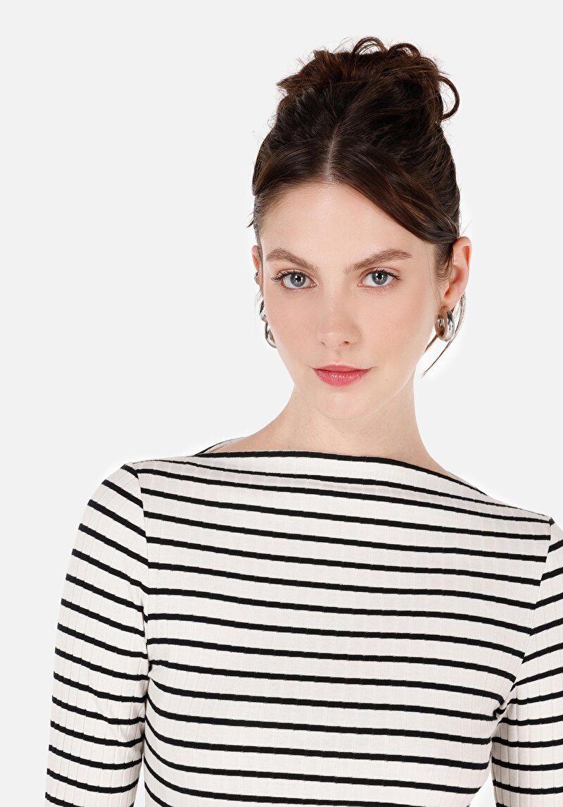 Imagine a Slim Fit Boat Collar Tricou Alb Cu Mânecă Lungă Pentru Femei