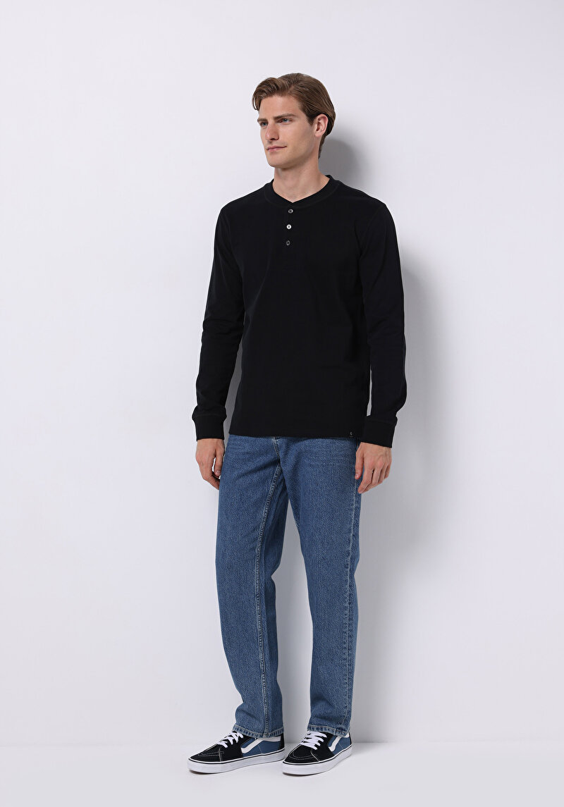 Imagine a Slim Fit Nasturi Guler Drept Bărbați Negru Tricou Cu Manșon Lung