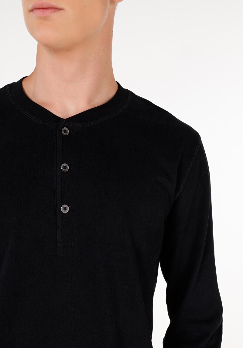 Afișați detalii pentru Slim Fit Nasturi Guler Drept Bărbați Negru Tricou Cu Manșon Lung